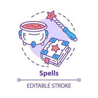 Spells concept icon. Witchcraft and wizardry idea thin line illustration. Wizard, magician equipment. Witch cauldron, magic wand and spell book vector isolated outline drawing. Editable stroke