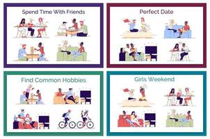 Friends leisure flat vector concept illustrations pack. Perfect date. romantic couples having fun. Boys, roommates finding common hobbies isolated cartoon design elements set on white background