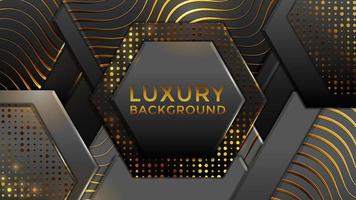 Luxury background. Abstract realistic papercut decoration textured with hexagon, circle, wavy zigzag shapes and golden halftone pattern. 3d backdrop. Vector illustration. Modern design