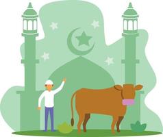 Eid Adha Qurban Flat Design Vector a Man with Cow in front of Mosque Siluet Islamic Day Free Editable