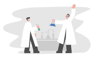 Two scientists holding lab bottles happily. Simple Background Vector Illustration Flat Style