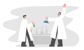 Two scientists holding lab bottles happily. Simple Background Vector Illustration Flat Style