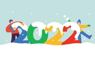 New Year 2022 People Playing in the Snow. Simple Background Vector Illustration Flat Style