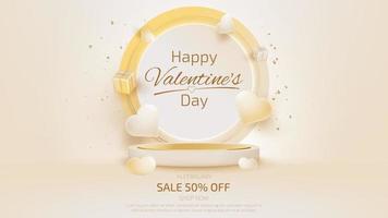 Valentine day sale banner template with 3d heart shaped ornaments and podium for product display.
