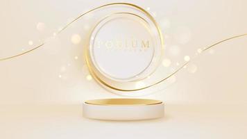 Realistic cream color podium with gold ribbon elements with glitter light effect. Luxury banner background design. vector