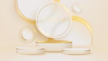 Cream color podium with circle frame elements on back and golden lines with glitter light effect, Luxury banner background design. vector