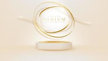 Realistic cream color podium with gold ribbon elements with glitter light effect. Luxury banner background design. vector