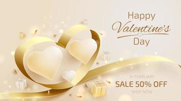 Valentine day background with heart shape elements and gold ribbon with glitter light effects. vector