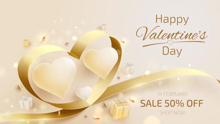 Valentine day background with heart shape elements and gold ribbon with glitter light effects.