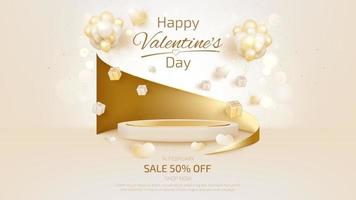 Valentine day backdrop with podium for product display, Heart shape elements, glitter light effects. vector