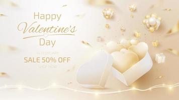 Valentines day sale banner template with 3d heart shape ornaments and gift box. luxury background. vector