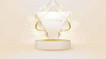 White product show podium with gold line and sparkling glittering light effects elements. vector