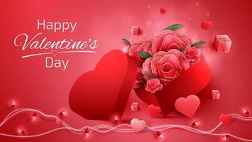 Valentine's Day background decorated with heart shaped gift boxes and red roses with light bulbs.