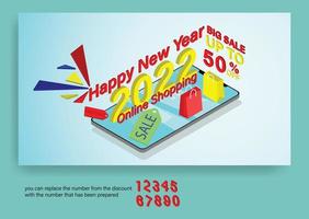 Happy New year 2022, big sale web banner template with phone isomatric flat theme design. Vector illustration