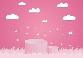 podium for product photos with variations of grass, butterflies and clouds, paper model vector background