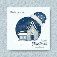 Merry Christmas card or background with a digital watercolor cozy house, snowy night, and Santa's hat vector