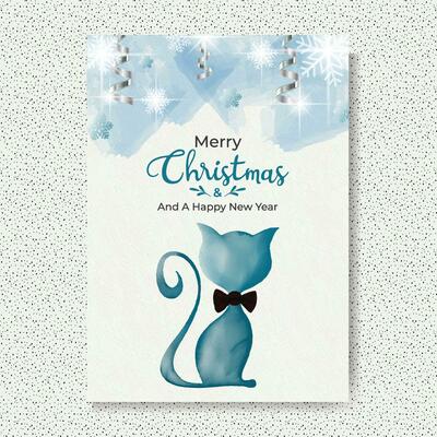 Merry Christmas Watercolor Invitation Card with White Digital Paper, Watercolor Cat, Gentle Cat, Black Bow, Snowflakes, Splashes, Silver Ribbon, and Silver light Vector Template