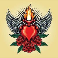 corazón, amor, vuelo, con, rosa, flor, flor, tatuaje, ilustraciones vector