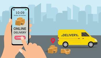 Delivery service concept, Hand holding smart phone open app, vector