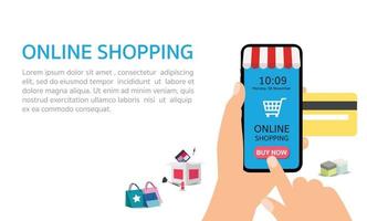 compras en línea en el sitio web o la aplicación móvil concepto vectorial marketing y marketing digital. mano que sostiene el teléfono inteligente y haga clic en la aplicación móvil. vector