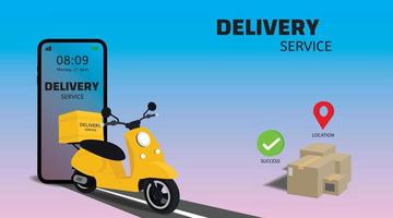 Delivery service by scooter on mobile. Online food  order and packaging box. Online delivery service concept.Vector illustration.