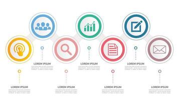 línea de tiempo horizontal con 7 elementos circulares, iconos de líneas finas dentro de ellos.Diseño gráfico empresarial. vector