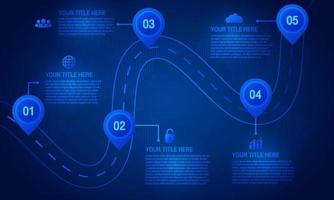 timeline digital concept with blue background. road map to success with pin pointers.road map timeline infographic.Timeline infographic 5 milestone like a road.