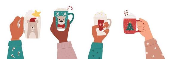 Hands with christmas cups vector