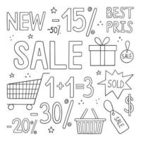 Discounts and Sale doodle. Shopping Tags. Hand drawn vector illustration isolated on white background.