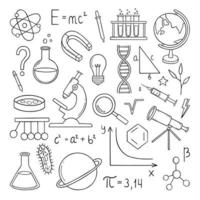 Set of Education and Science doodle. Formulas in physics, mathematics and chemistry, laboratory equipment in sketch style. Hand drawn vector illustration isolated on white background.