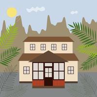 Vector house in a flat style on the background of nature, beige and brown house, two-storey house, flat illustration