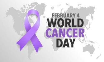 World Cancer Day Concept, February 4. Lavender Awareness Ribbon with World map Background in Lavender Colour. Poster or Banner Background. Vector Illustration.