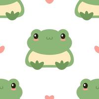 Green cute frog seamless pattern vector illustration. Smiling siting childish toad ornament. Cartoon flat style wallpaper for kids, baby nursery print.