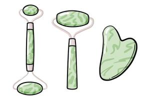 Gua Sha and facial massage roller tool isolated on white background. Green quarts stone self massage scraper. Home beauty routine. Modern flat doodle set of illustrations of Gua Sha and jade rollers. vector