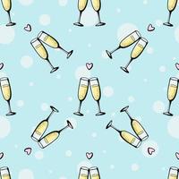 Glasses of champagne seamless doodle pattern. Cheers vector illustration on blue background. Valentines day greeting card, anniversary celebration