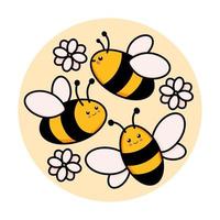 Cute set of bees in a round frame vector illustration in doodle style. Colorful collection of bumblebees in a circle, kids drawing for icon and logo design in yellow and black colors isolated