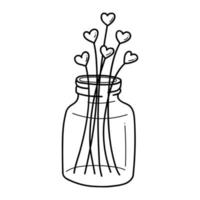 Valentines day greeting card in doodle outline style with hearts in a vase isolated on white vector