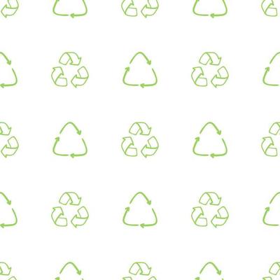 Seamless eco pattern. Three arrows eco recycle. Reuse ornament doodle on white background. Green flat vector wallpaper. Zero waste ecology circle