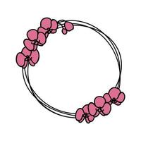 Doodle vector illustration of stylized wreath with orchid flowers. Round floral frame for text