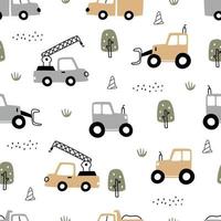 Hand-drawn construction vehicles seamless pattern vector have a tractor with the tree on white background Cute design, cartoon style, used for printing, wallpaper, fabric, fashion textile.