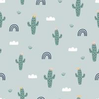 Cactus garden seamless pattern on a grey background Hand-drawn design in cartoon style. use for print, wallpaper, decoration, textiles, vector illustrations.