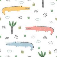 Baby seamless pattern Cartoon background with crocodile and trees Hand drawn design in kid style, use for print, wallpaper, fabric, textile. Vector illustration