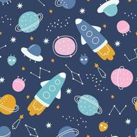 Baby seamless pattern space background with planets on a dark blue background hand drawn style cartoon design Use for print, wallpaper, decoration, textiles. Vector illustration.