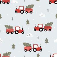 Tractor rojo de patrones sin fisuras con diseño de árbol de Navidad utilizado para impresión, papel tapiz, decoración, ilustración vectorial textil vector