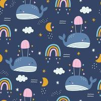 Sealife background seamless pattern blue whale for kids Hand drawn design in cartoon style. Use for textiles, prints, wallpapers, vector illustrations.