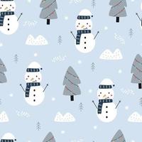 Fondo de invierno de vector de patrones sin fisuras con festival de Navidad con muñeco de nieve y árbol de Navidad diseño dibujado a mano en estilo de dibujos animados. uso para tela, moda, textil.