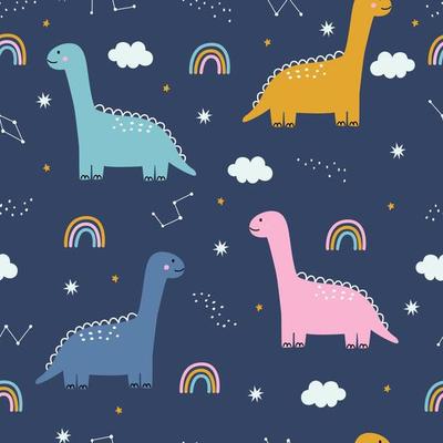 Dinosaur and rainbow in the sky baby seamless pattern cute cartoon animal  background hand drawn in kid style The design used for Print, wallpaper,  fabric, textile Vector illustration 4988533 Vector Art at