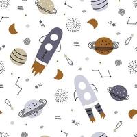 Baby seamless pattern space background with planets and rocket on a white background hand drawn style cartoon design Use for print, wallpaper, decoration, textiles. Vector illustration