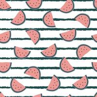 Tropical fruit watermelon summer seamless pattern on striped background Hand drawn design in cartoon style vector