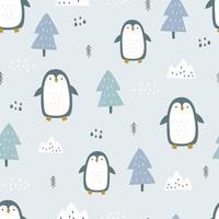 Seamless Christmas pattern with penguins on blue background. Hand drawn design in cartoon style. used for decoration Celebration Wallpaper Fabric Textile Vector Illustration